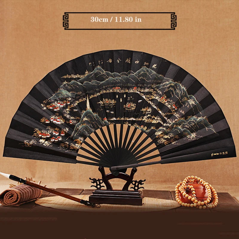 Imitation Ebony Men's Folding Fan Bamboo wood silk silk cloth hand fan Outdoor personalized durable folding fan Home Decoration