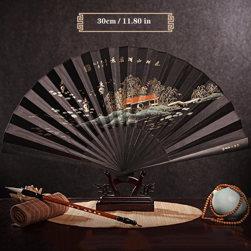 Imitation Ebony Men's Folding Fan Bamboo wood silk silk cloth hand fan Outdoor personalized durable folding fan Home Decoration