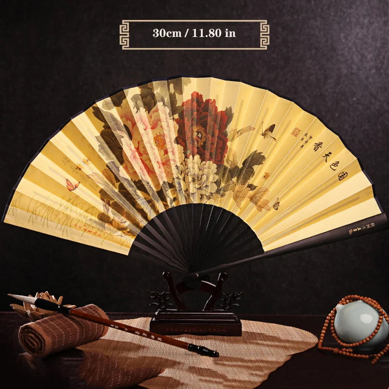 Imitation Ebony Men's Folding Fan Bamboo wood silk silk cloth hand fan Outdoor personalized durable folding fan Home Decoration