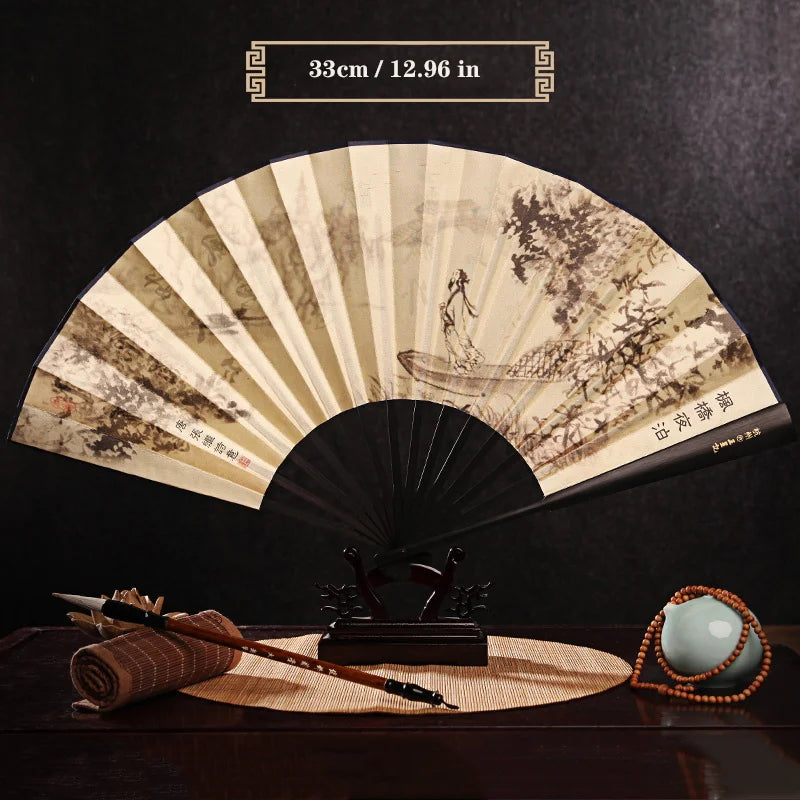 Imitation Ebony Men's Folding Fan Bamboo wood silk silk cloth hand fan Outdoor personalized durable folding fan Home Decoration