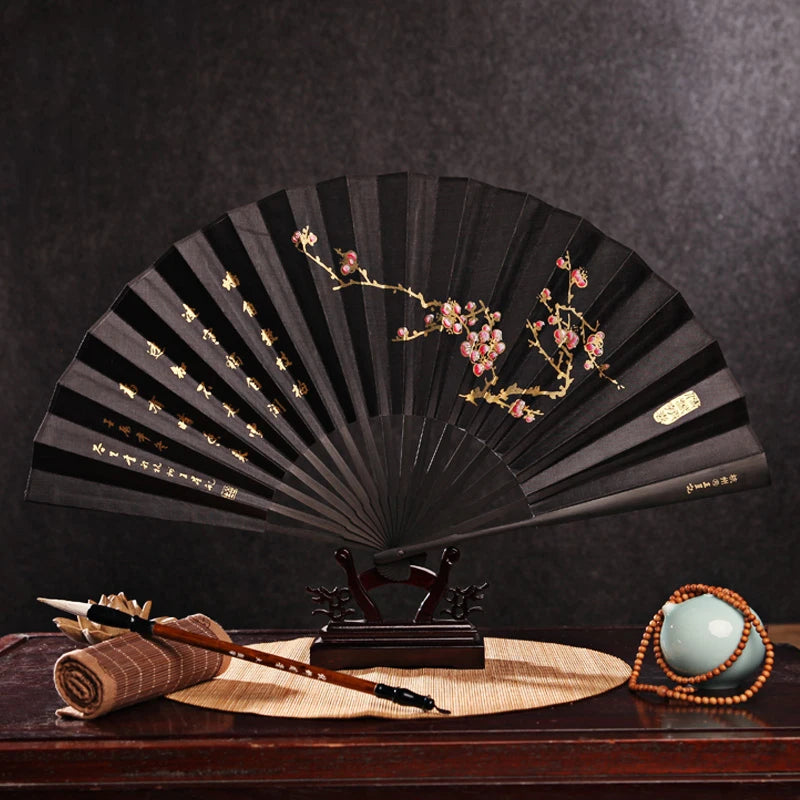 Imitation Ebony Men's Folding Fan Bamboo wood silk silk cloth hand fan Outdoor personalized durable folding fan Home Decoration
