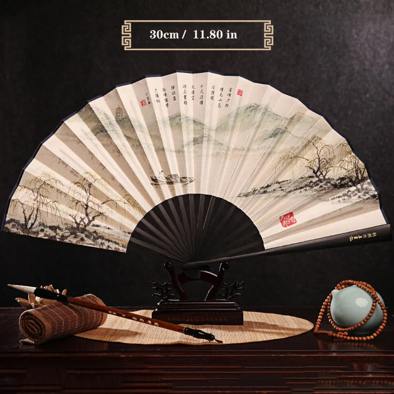 Imitation Ebony Men's Folding Fan Bamboo wood silk silk cloth hand fan Outdoor personalized durable folding fan Home Decoration