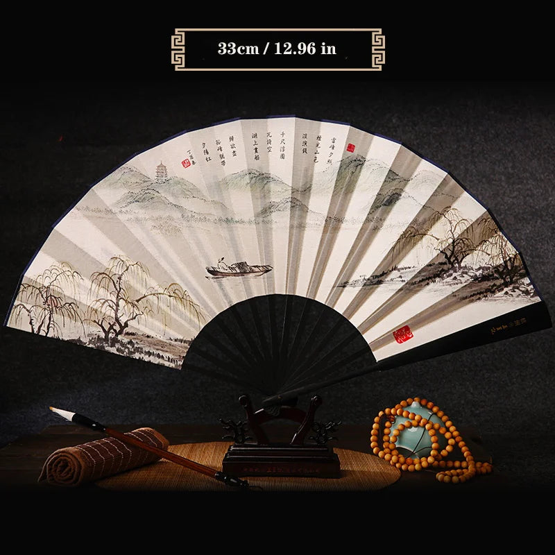 Imitation Ebony Men's Folding Fan Bamboo wood silk silk cloth hand fan Outdoor personalized durable folding fan Home Decoration