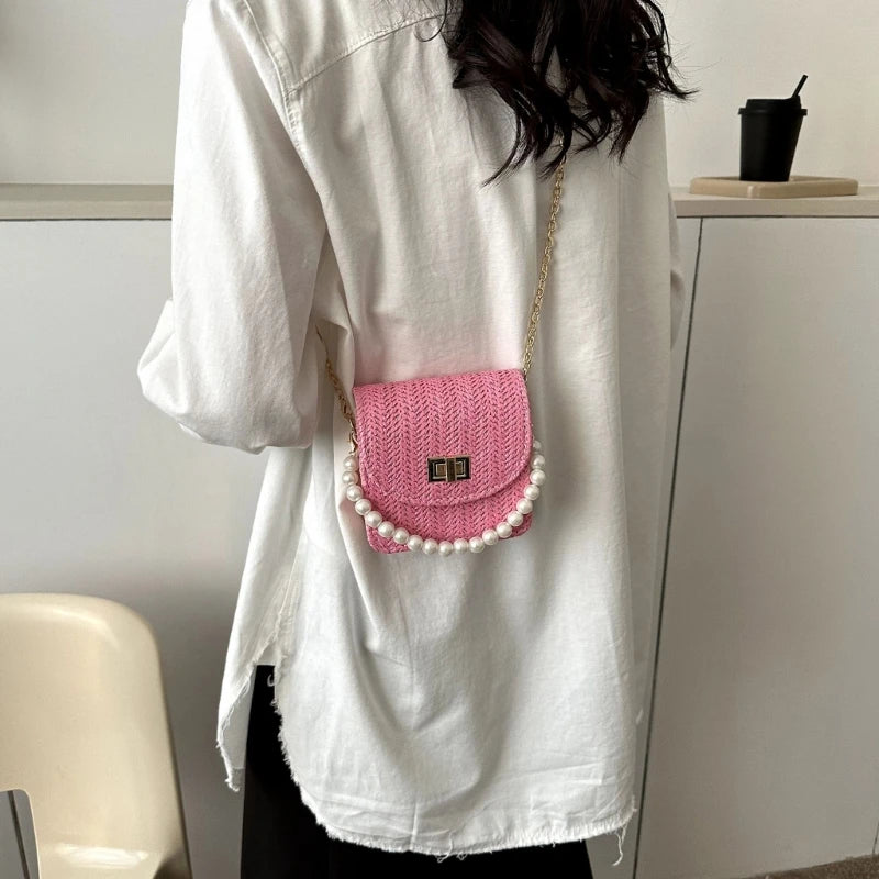 Imitation Pearl Chain Crossbody Purses Shoulder Bags for Women Flap Handbag