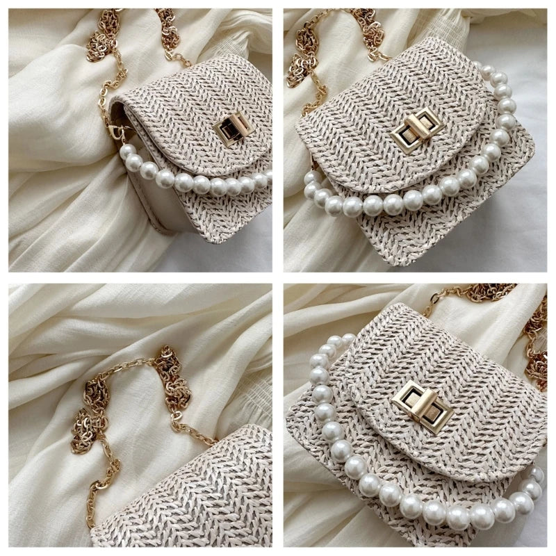 Imitation Pearl Chain Crossbody Purses Shoulder Bags for Women Flap Handbag