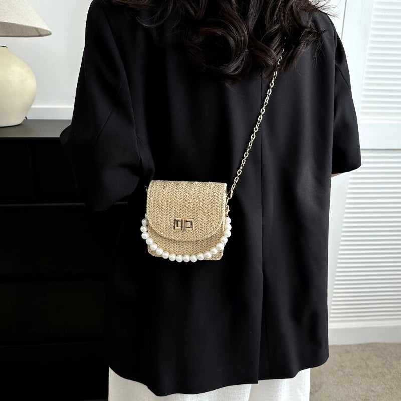 Imitation Pearl Chain Crossbody Purses Shoulder Bags for Women Flap Handbag