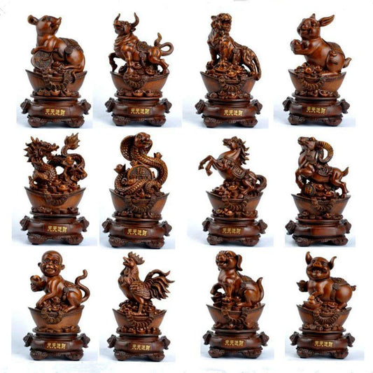 Imitation Wood 12 Chinese Zodiac Animals Figurines Feng Shui Chinese Zodiac Statue Ornaments Living Room Home Decor Accessories