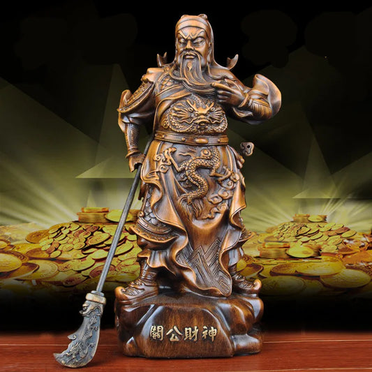 Imitation Wood Guan Gong Statue God of Wealth Sculptures Guan Yu Figurine Ornaments Resin Crafts Living Room Office Home Decor