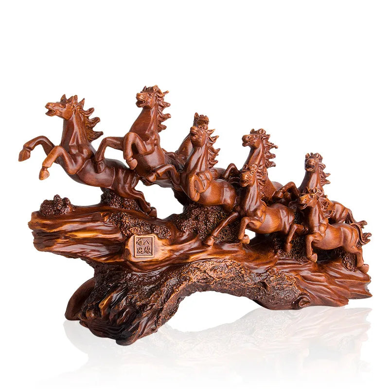 Imitation wood resin large decorative statue of eight horses Modern art sculpture Home living room office decorations