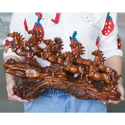 Imitation wood resin large decorative statue of eight horses Modern art sculpture Home living room office decorations