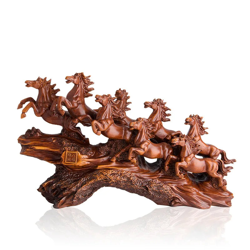 Imitation wood resin large decorative statue of eight horses Modern art sculpture Home living room office decorations