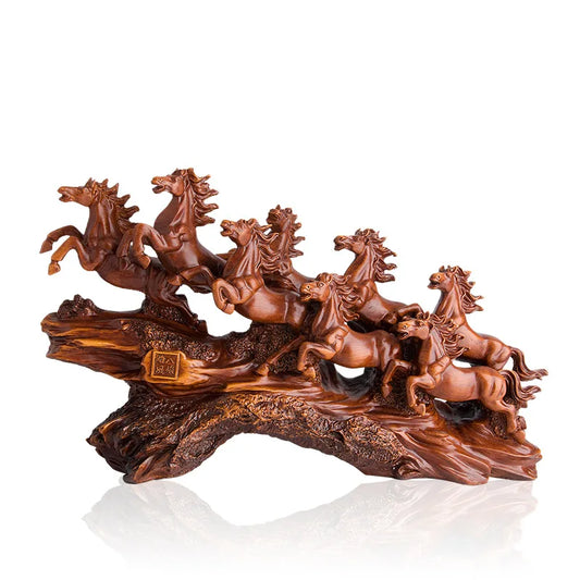 Imitation wood resin large decorative statue of eight horses Modern art sculpture Home living room office decorations