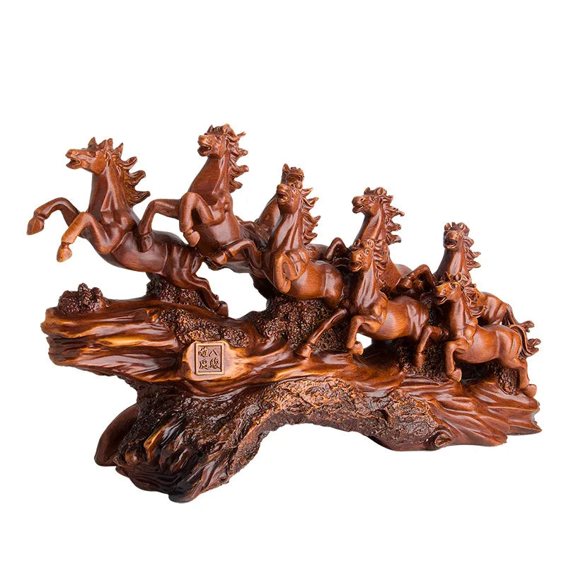 Imitation wood resin large decorative statue of eight horses Modern art sculpture Home living room office decorations
