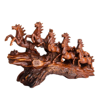 Imitation wood resin large decorative statue of eight horses Modern art sculpture Home living room office decorations