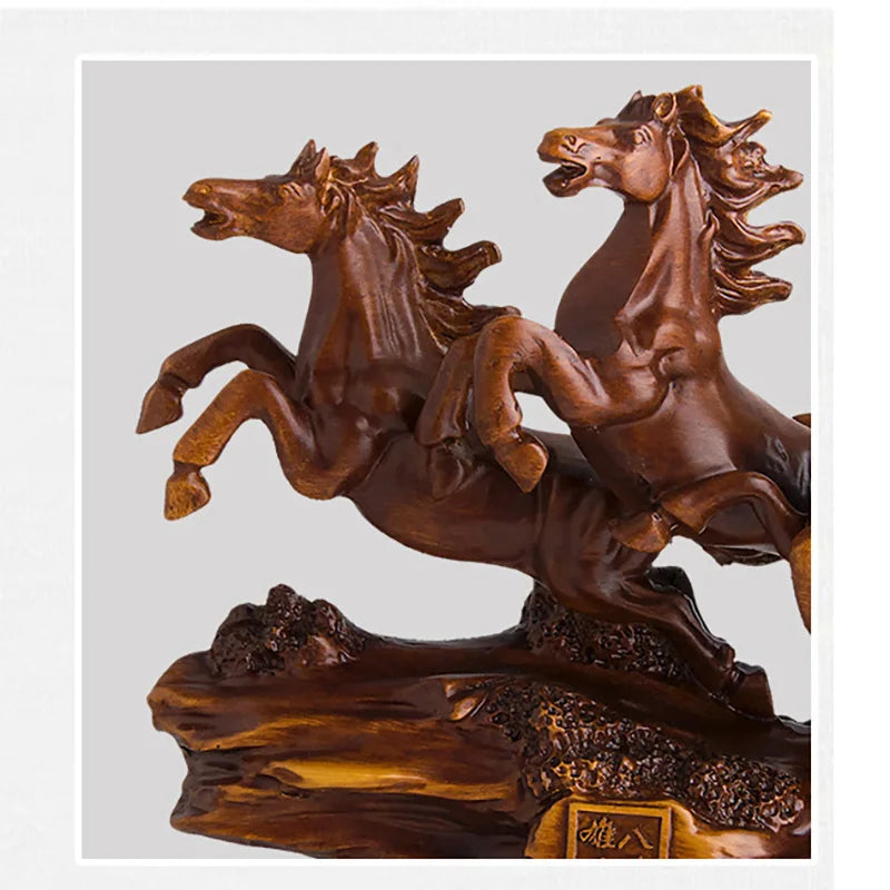Imitation wood resin large decorative statue of eight horses Modern art sculpture Home living room office decorations