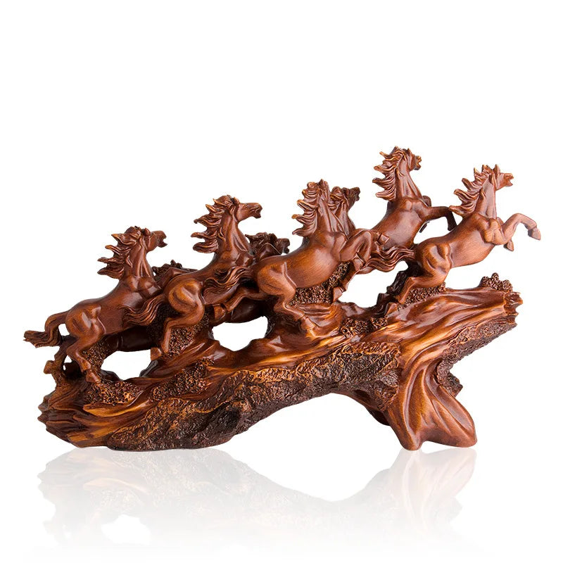 Imitation wood resin large decorative statue of eight horses Modern art sculpture Home living room office decorations