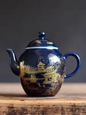 Indigo Hand-painted Gold Teapot Ceramic Household Kung Fu Da Hong Pao Black Tea Set Filter Handmade Tea Accessories Teaware