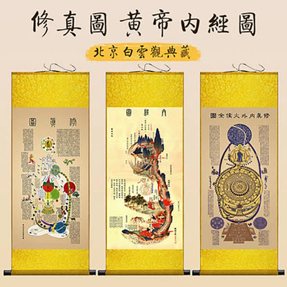 Inner Canon of Huangdi Silk Wall Art Porch Hanging Scroll,Oriental Chinese Medicine TCM Hanging Painting Living Room Decor
