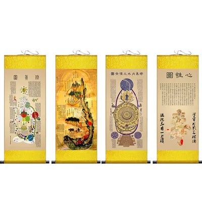 Inner Canon of Huangdi Silk Wall Art Porch Hanging Scroll,Oriental Chinese Medicine TCM Hanging Painting Living Room Decor