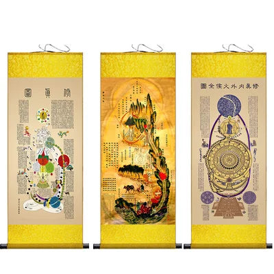 Inner Canon of Huangdi Silk Wall Art Porch Hanging Scroll,Oriental Chinese Medicine TCM Hanging Painting Living Room Decor