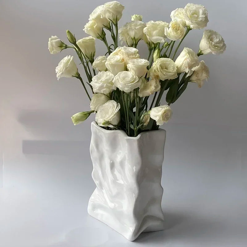 Ins Nordic Handbags Ceramic Vase White Square Rope Pleated Paper Bags Flower Pot Water Planting Room Home Decoration Accessories