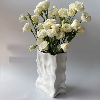 Ins Nordic Handbags Ceramic Vase White Square Rope Pleated Paper Bags Flower Pot Water Planting Room Home Decoration Accessories