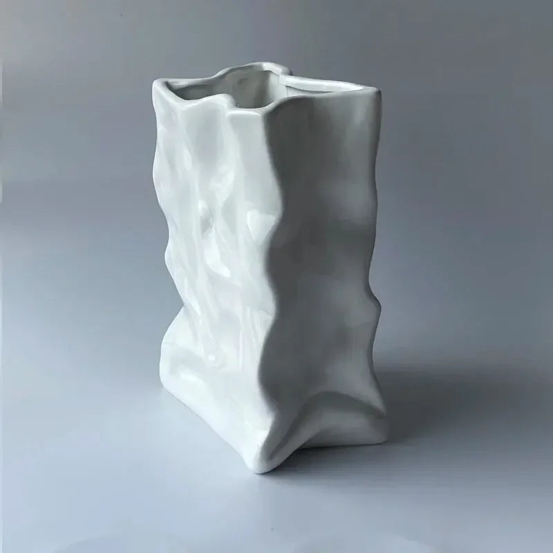 Ins Nordic Handbags Ceramic Vase White Square Rope Pleated Paper Bags Flower Pot Water Planting Room Home Decoration Accessories