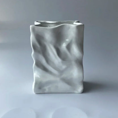 Ins Nordic Handbags Ceramic Vase White Square Rope Pleated Paper Bags Flower Pot Water Planting Room Home Decoration Accessories