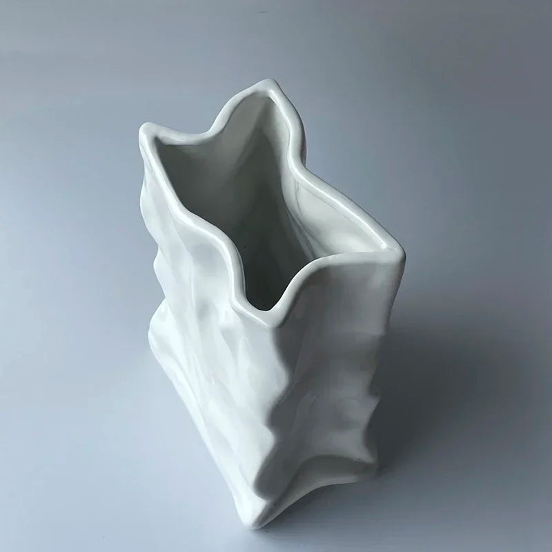 Ins Nordic Handbags Ceramic Vase White Square Rope Pleated Paper Bags Flower Pot Water Planting Room Home Decoration Accessories