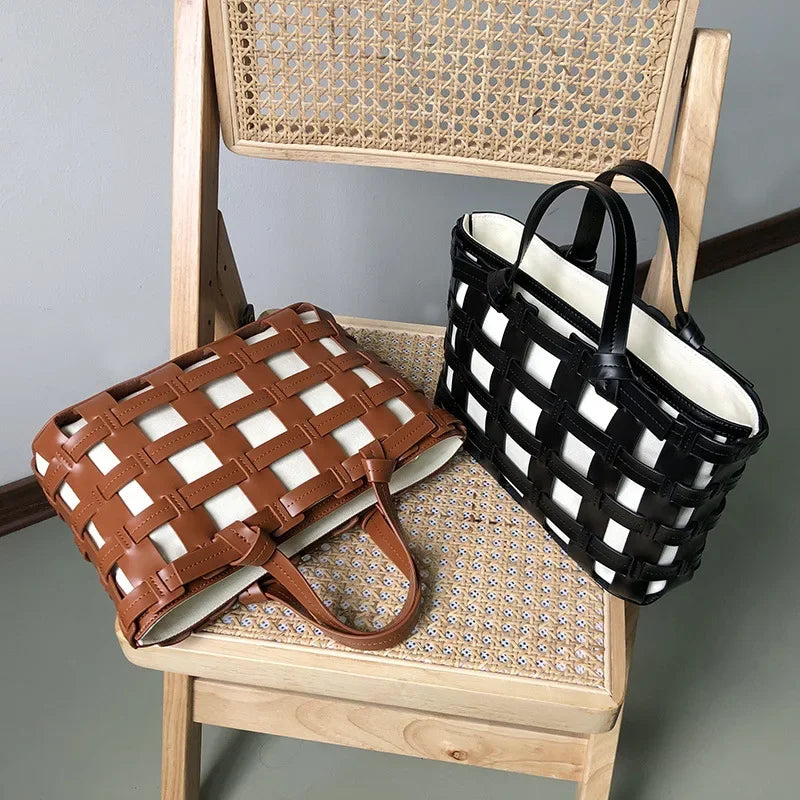 Ins Style Minority Genuine Leather Weave Bag Korean Chic Casual Portable Vegetable Basket Bag Hollow Out Fashion Tote Purses