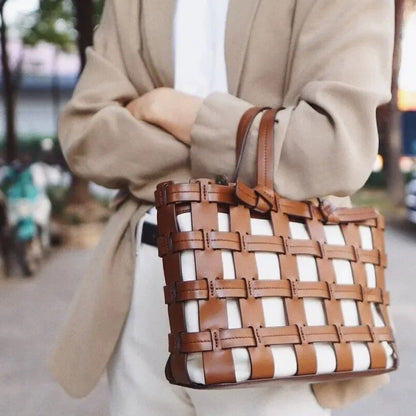 Ins Style Minority Genuine Leather Weave Bag Korean Chic Casual Portable Vegetable Basket Bag Hollow Out Fashion Tote Purses
