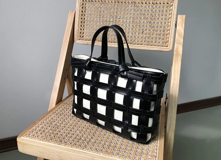 Ins Style Minority Genuine Leather Weave Bag Korean Chic Casual Portable Vegetable Basket Bag Hollow Out Fashion Tote Purses
