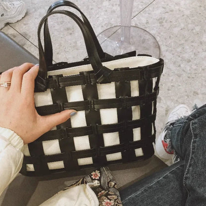 Ins Style Minority Genuine Leather Weave Bag Korean Chic Casual Portable Vegetable Basket Bag Hollow Out Fashion Tote Purses
