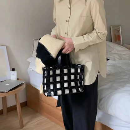 Ins Style Minority Genuine Leather Weave Bag Korean Chic Casual Portable Vegetable Basket Bag Hollow Out Fashion Tote Purses