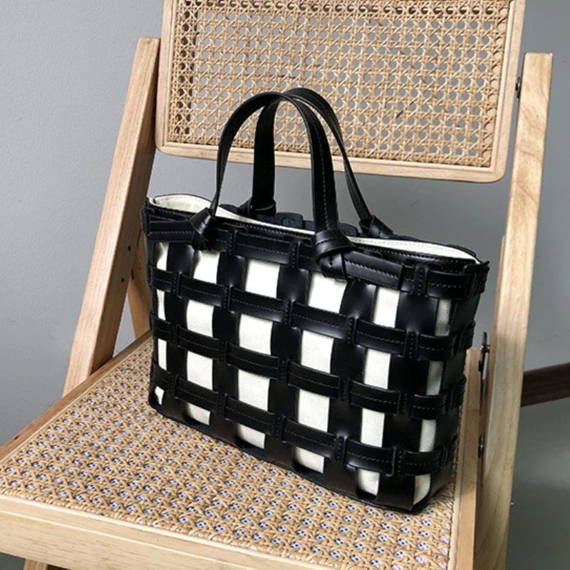 Ins Style Minority Genuine Leather Weave Bag Korean Chic Casual Portable Vegetable Basket Bag Hollow Out Fashion Tote Purses