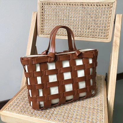 Ins Style Minority Genuine Leather Weave Bag Korean Chic Casual Portable Vegetable Basket Bag Hollow Out Fashion Tote Purses