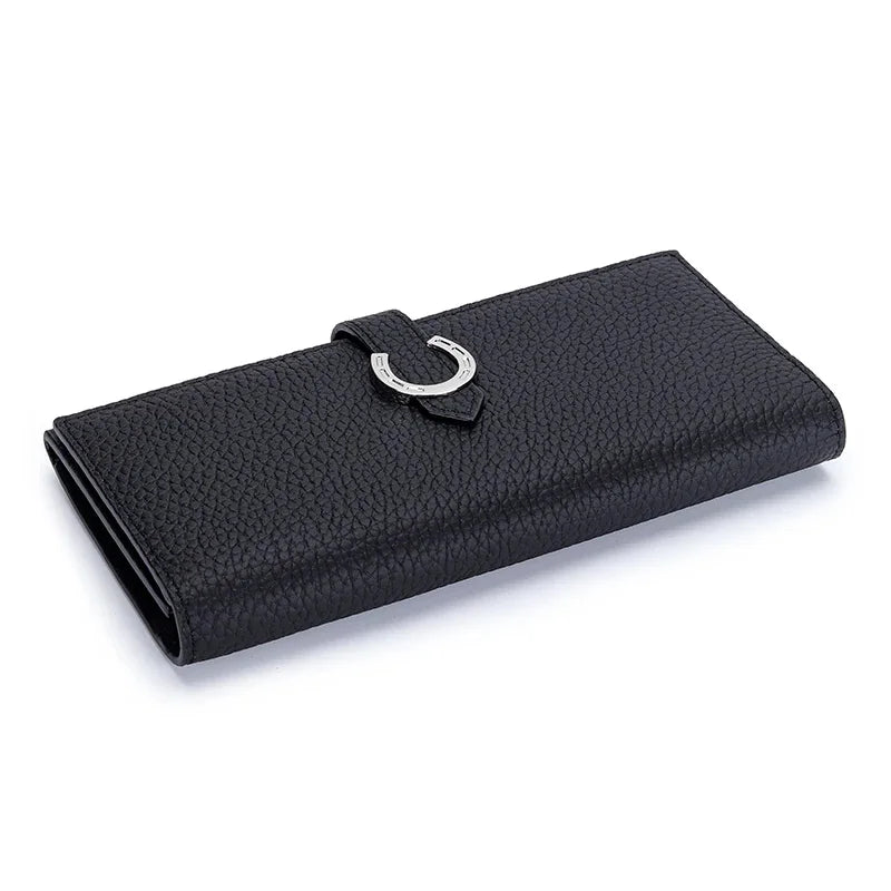 Inside and Outside All Cowhide Simple Women's Multi-card Slot Temperament Leather with Drawstring Long Wallet