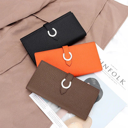 Inside and Outside All Cowhide Simple Women's Multi-card Slot Temperament Leather with Drawstring Long Wallet