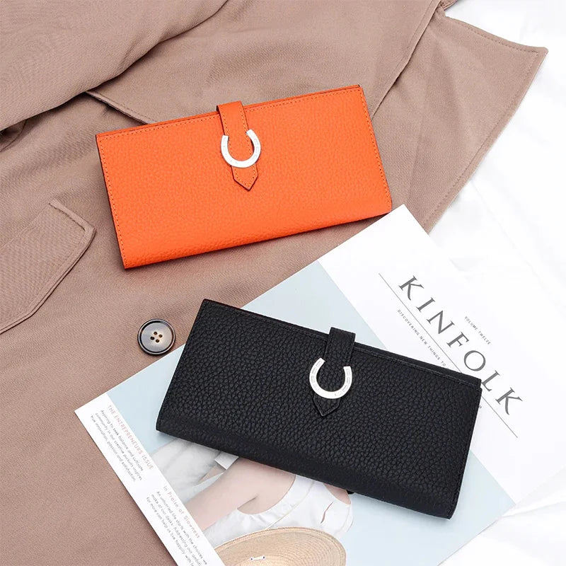 Inside and Outside All Cowhide Simple Women's Multi-card Slot Temperament Leather with Drawstring Long Wallet