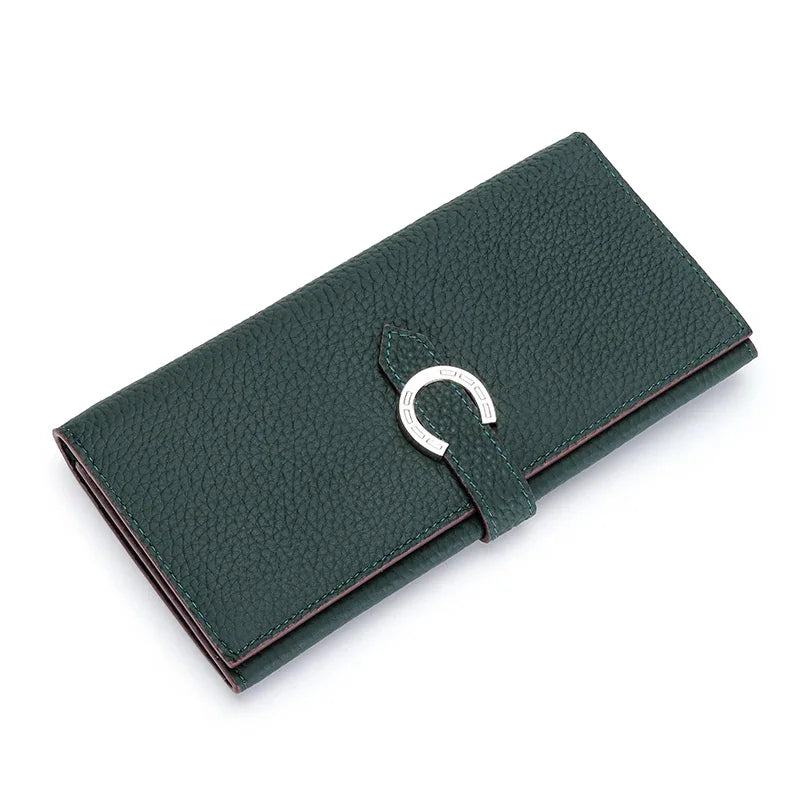 Inside and Outside All Cowhide Simple Women's Multi-card Slot Temperament Leather with Drawstring Long Wallet