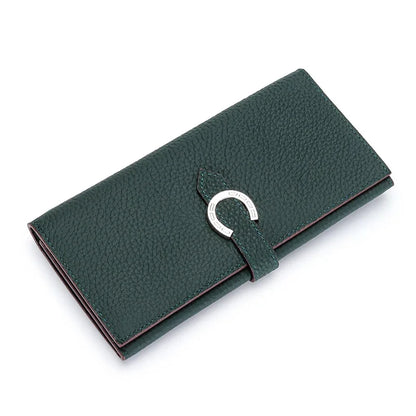 Inside and Outside All Cowhide Simple Women's Multi-card Slot Temperament Leather with Drawstring Long Wallet