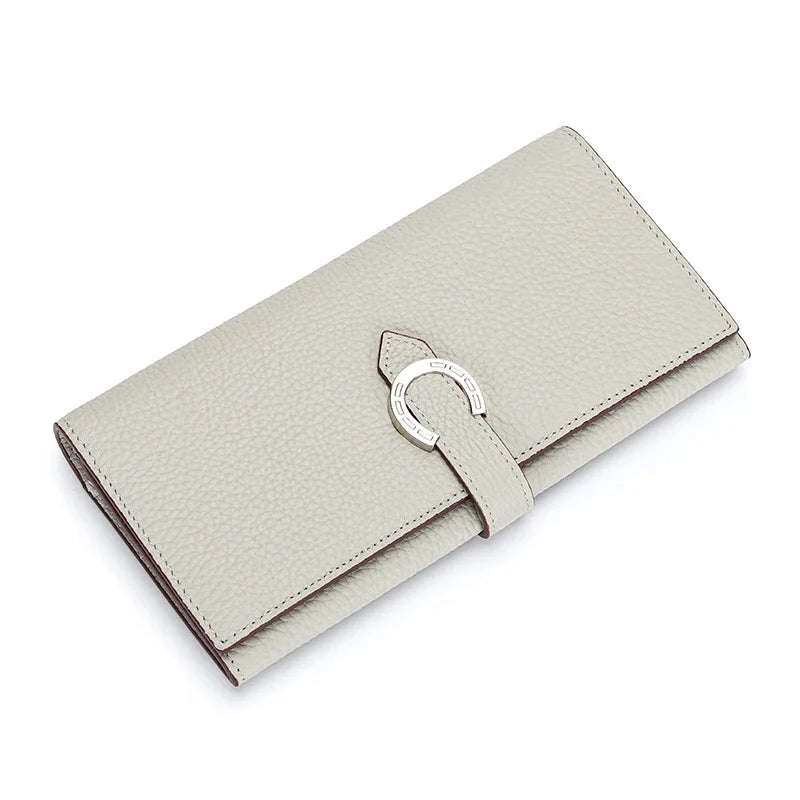 Inside and Outside All Cowhide Simple Women's Multi-card Slot Temperament Leather with Drawstring Long Wallet