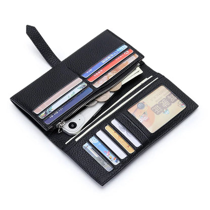 Inside and Outside All Cowhide Simple Women's Multi-card Slot Temperament Leather with Drawstring Long Wallet