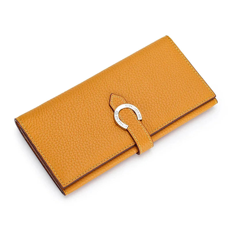 Inside and Outside All Cowhide Simple Women's Multi-card Slot Temperament Leather with Drawstring Long Wallet