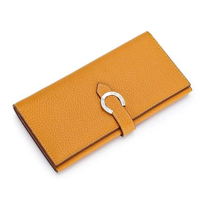 Inside and Outside All Cowhide Simple Women's Multi-card Slot Temperament Leather with Drawstring Long Wallet