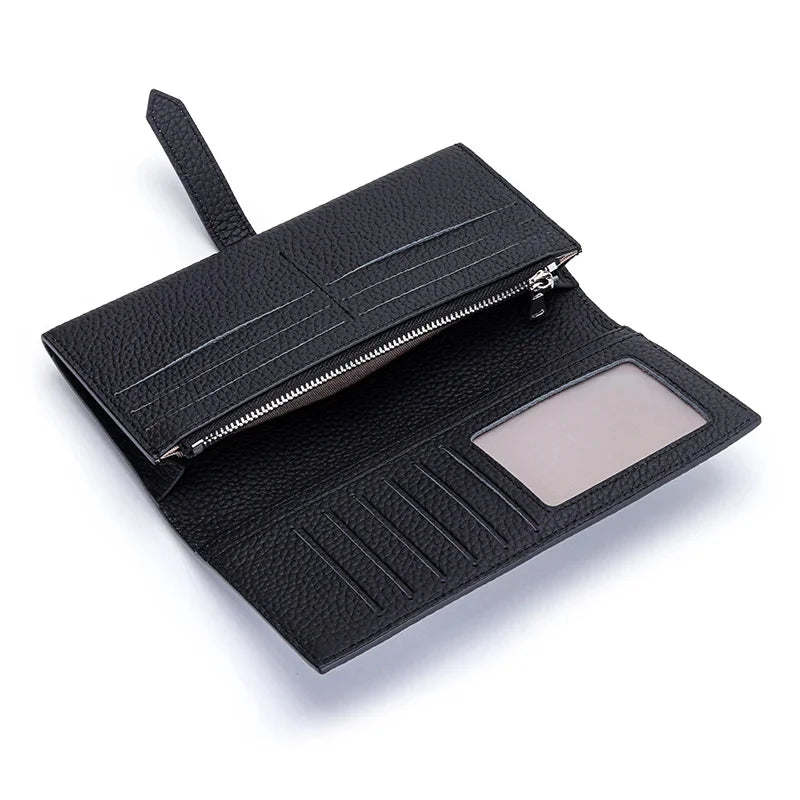 Inside and Outside All Cowhide Simple Women's Multi-card Slot Temperament Leather with Drawstring Long Wallet