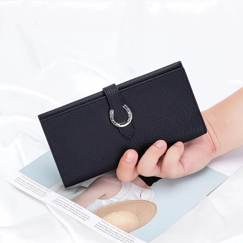 Inside and Outside All Cowhide Simple Women's Multi-card Slot Temperament Leather with Drawstring Long Wallet