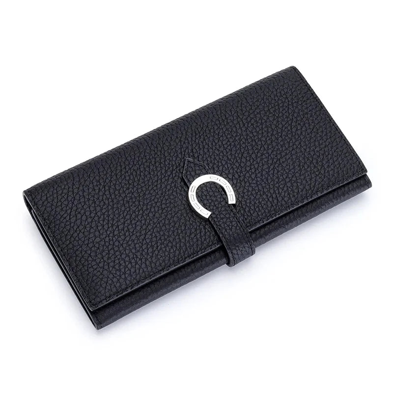 Inside and Outside All Cowhide Simple Women's Multi-card Slot Temperament Leather with Drawstring Long Wallet