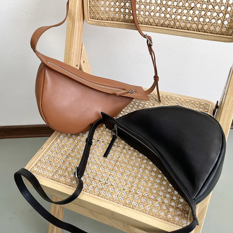 Irregular Half Moon Crossbody Shoulder Bag Large Capacity Genuine Leather Zipper Hobos Handbags Female All-match Casual Bolsas