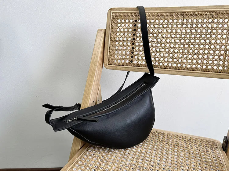 Irregular Half Moon Crossbody Shoulder Bag Large Capacity Genuine Leather Zipper Hobos Handbags Female All-match Casual Bolsas
